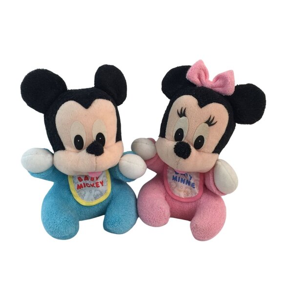 Vtg Mattel Disney Baby Mickey Minnie Mouse Plush w/Bibs Rattle Terry Cloth - Picture 1 of 15